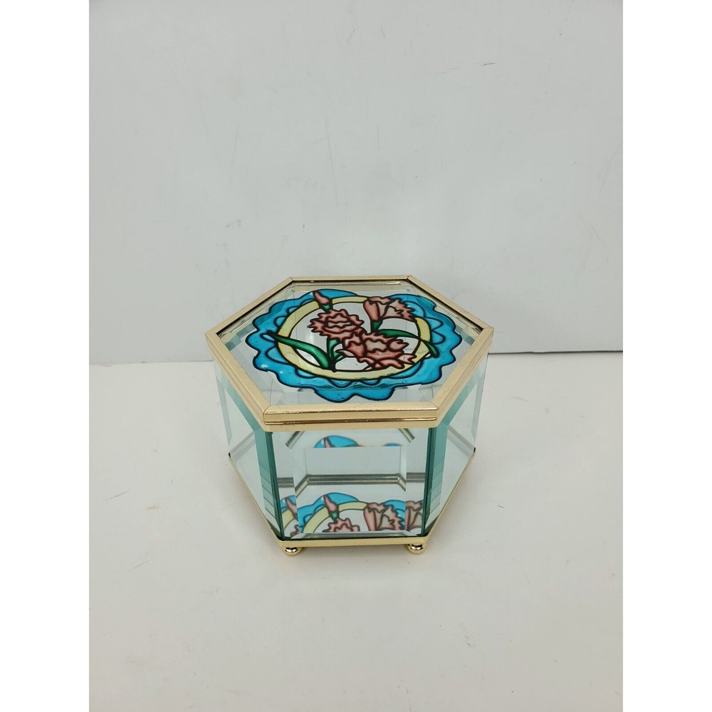 Vtg Hexagon Floral Brass Trinket Jewelry Box Stained Glass Mirrored Pink & Blue